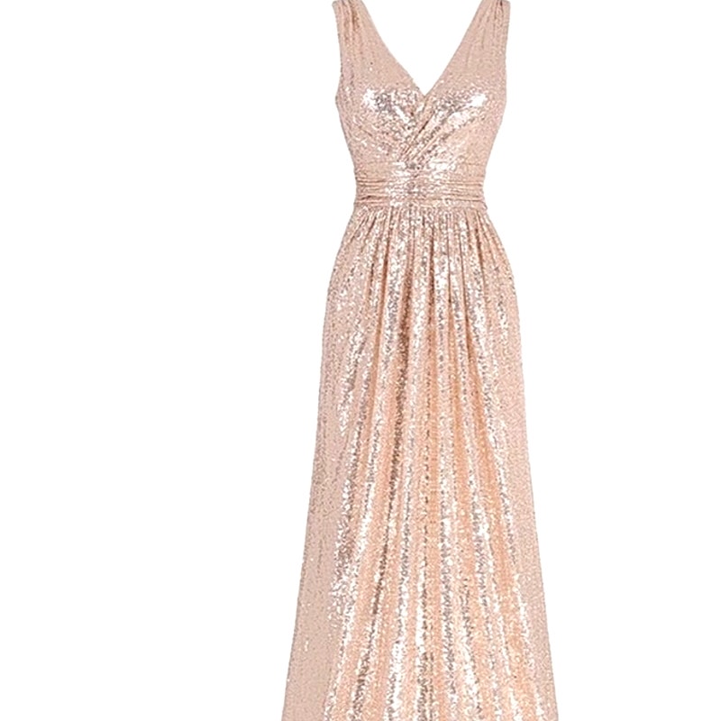 Kate Kasin Rose Gold Sequin Bridesmaid Maxi Dress 16 Evening Formal Gown Womens